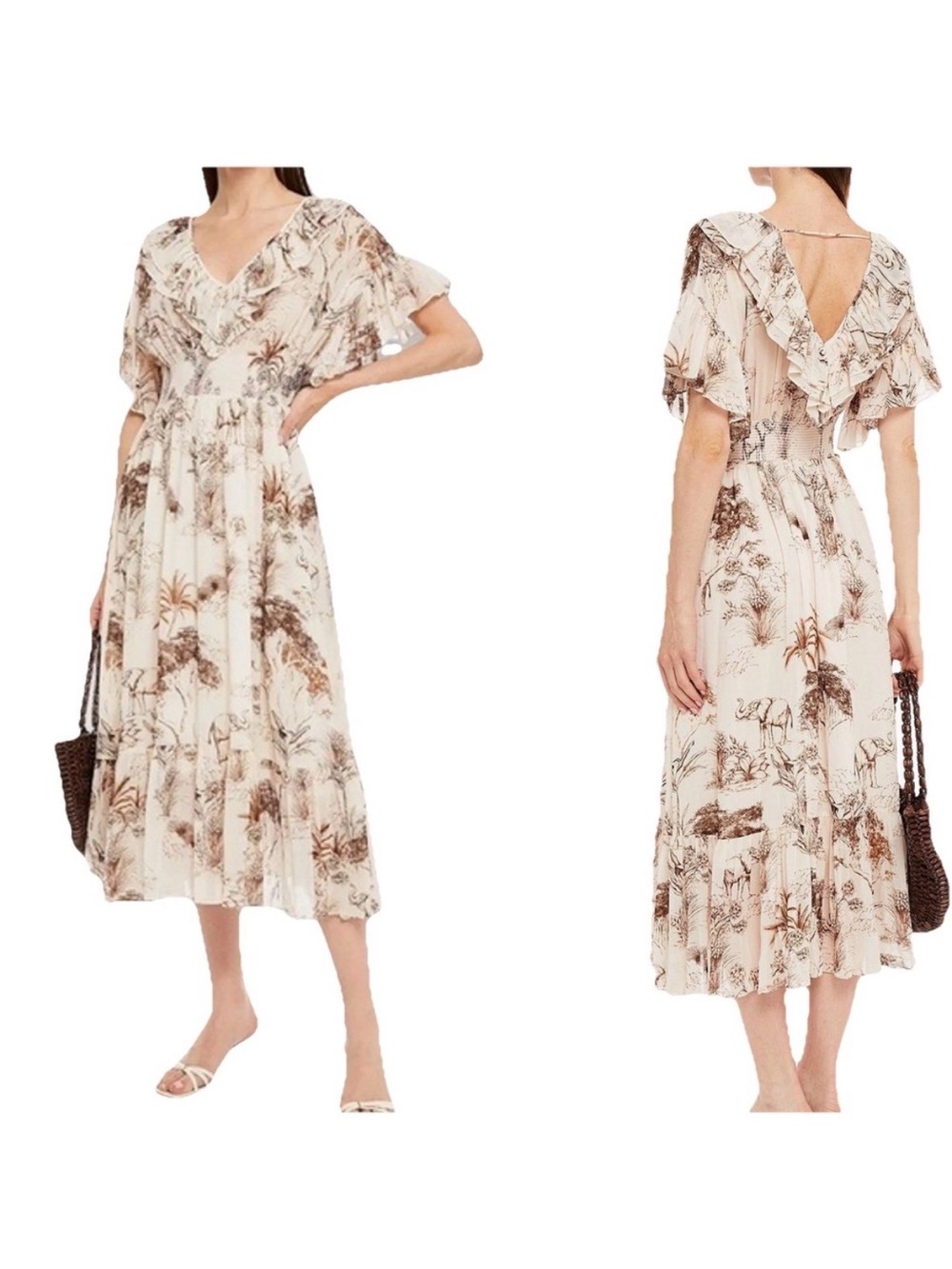 Sandro Paris | Toile Print Ruffle Midi Dress | Ecru Brown | FR 36 US Small |NWT - Picture 1 of 10